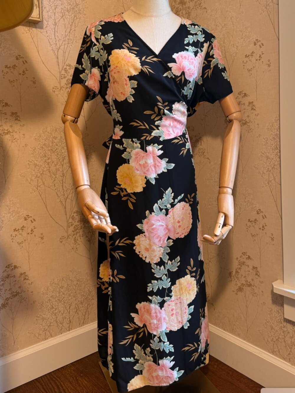 Primark Floral Wrap Maxi Dress Black Pink Peony | Size 12